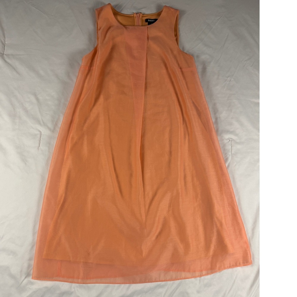 DKNY‎ Womens Peach Apricot Sheer Overlay Sleeveless Shift Dress Size 6